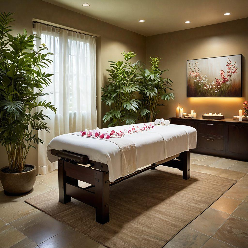 A serene spa environment blending health services and aesthetics, featuring a tranquil treatment room with soft lighting, a massage table adorned with fresh flowers, and an array of natural beauty products. In the background, a calming water feature and verdant plants create a harmonious atmosphere for relaxation and healing. super-realistic. vibrant colors. soothing tones.