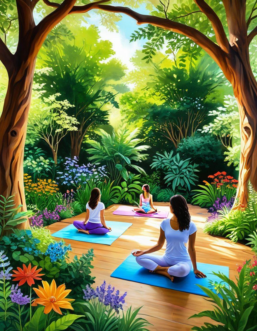 A serene wellness retreat surrounded by lush greenery, featuring a tranquil yoga area and a group of diverse individuals practicing mindfulness and meditation. Soft sunlight filters through the trees, illuminating a beautiful garden filled with vibrant flowers and herbal plants. Include elements of natural beauty like essential oils and healing crystals scattered throughout, embodying the essence of holistic health. whimsical and colorful. painting. vibrant colors.