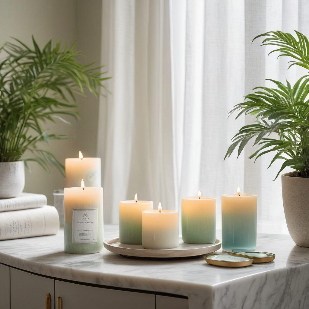 A serene scene featuring a gracefully arranged self-care corner, with elegant candles, lush plants, and soothing teas on a white marble table. Gentle sunlight filters through gauzy curtains, casting soft shadows that highlight the delicate textures. Incorporate an open wellness journal with handwritten notes and an essential oil diffuser emitting wispy steam. Elegant and calming color palette with soft pastels. super-realistic. vibrant colors.